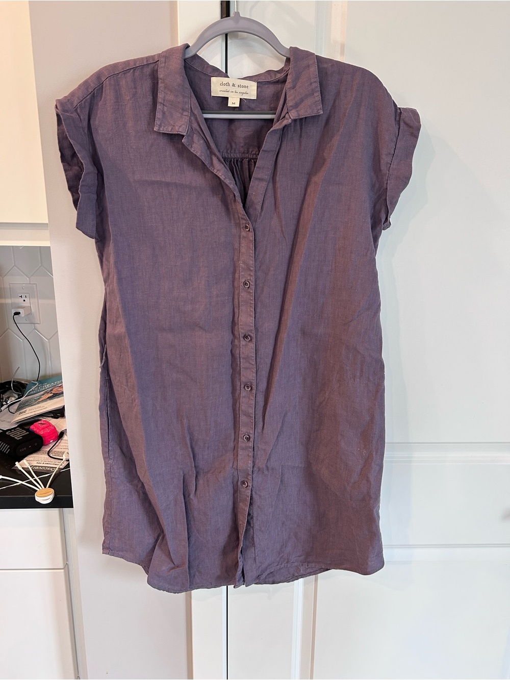 Cloth & Stone Purple Lavender 100% Linen Button Front Tunic Dress Short Sleeve